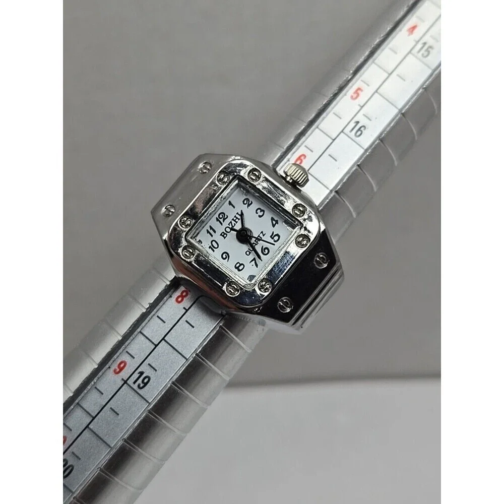 Bozhi Silver Tone Square Quartz Ring Watch Stretch Band Y2K Fashion New Battery